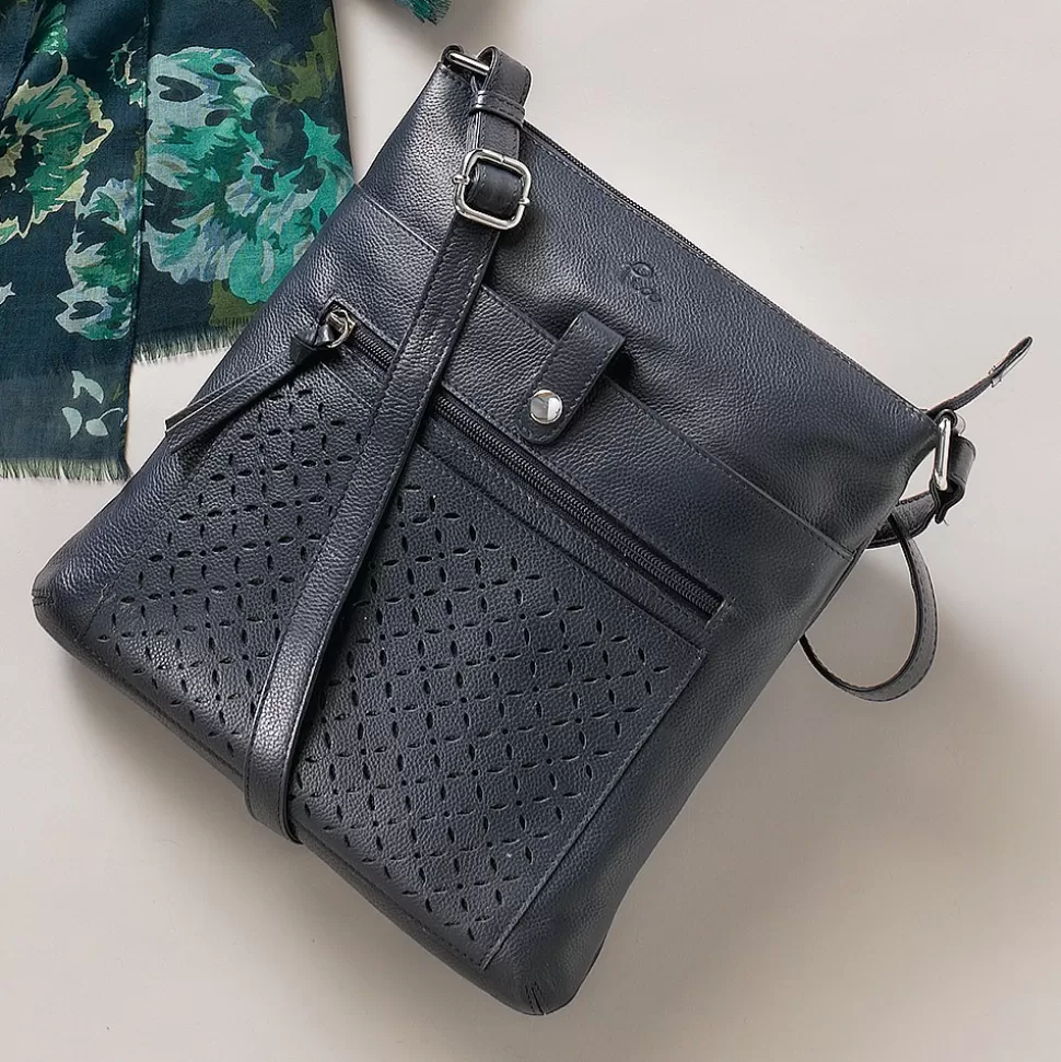 Pia Bijoux Sacs Portés Travers | Sac Bandoulière en Cuir Bleu Marine Pétales Ponctuées